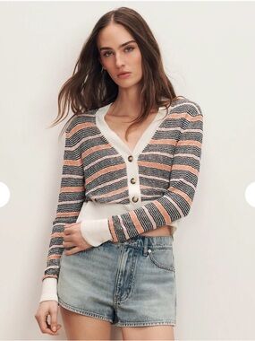 Veronica Beard Striped V-Neck Button Cardigan, linen blend, size M, this season